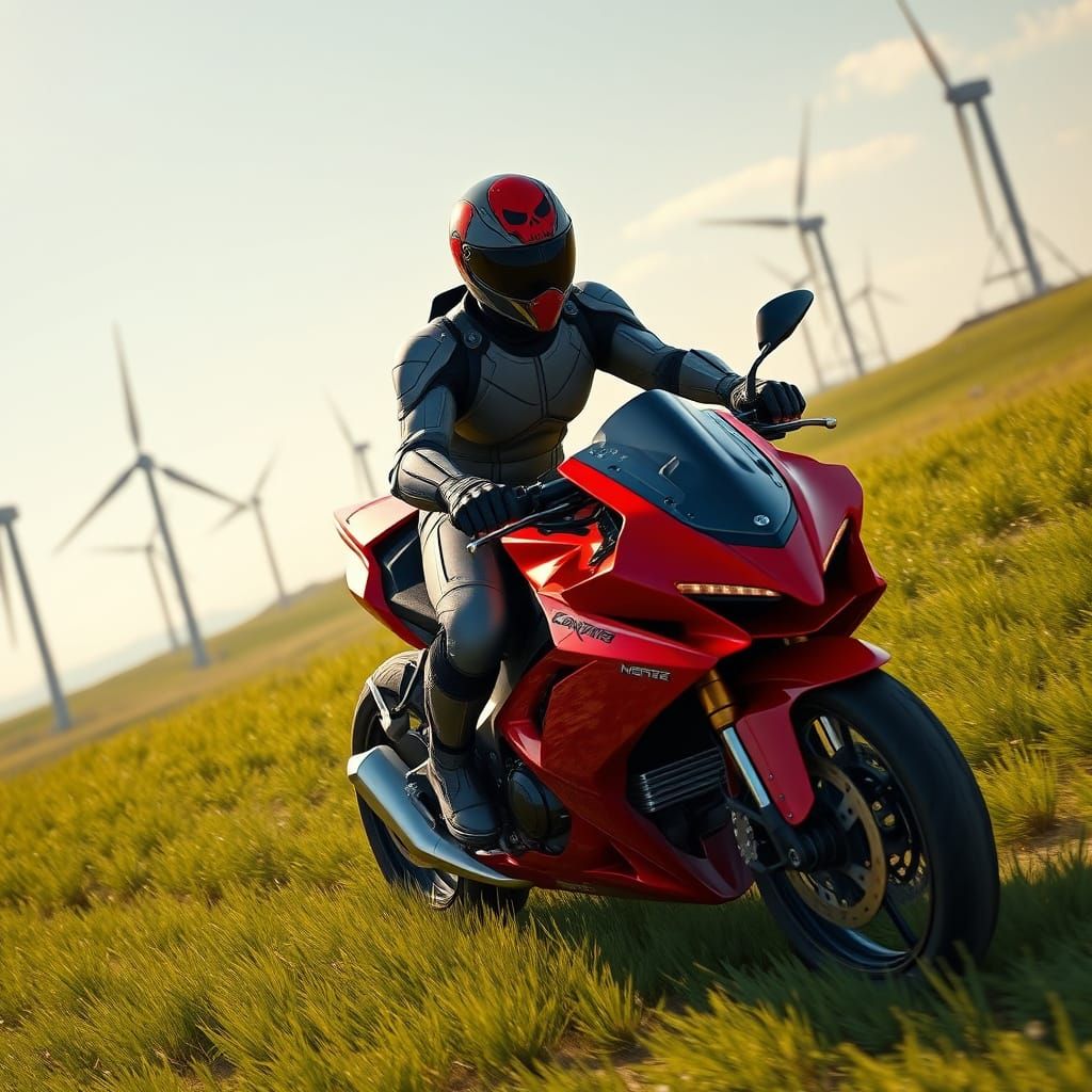 Androgynous Rider in Hyper-Detailed Sci-Fi Armor, Speeding A...