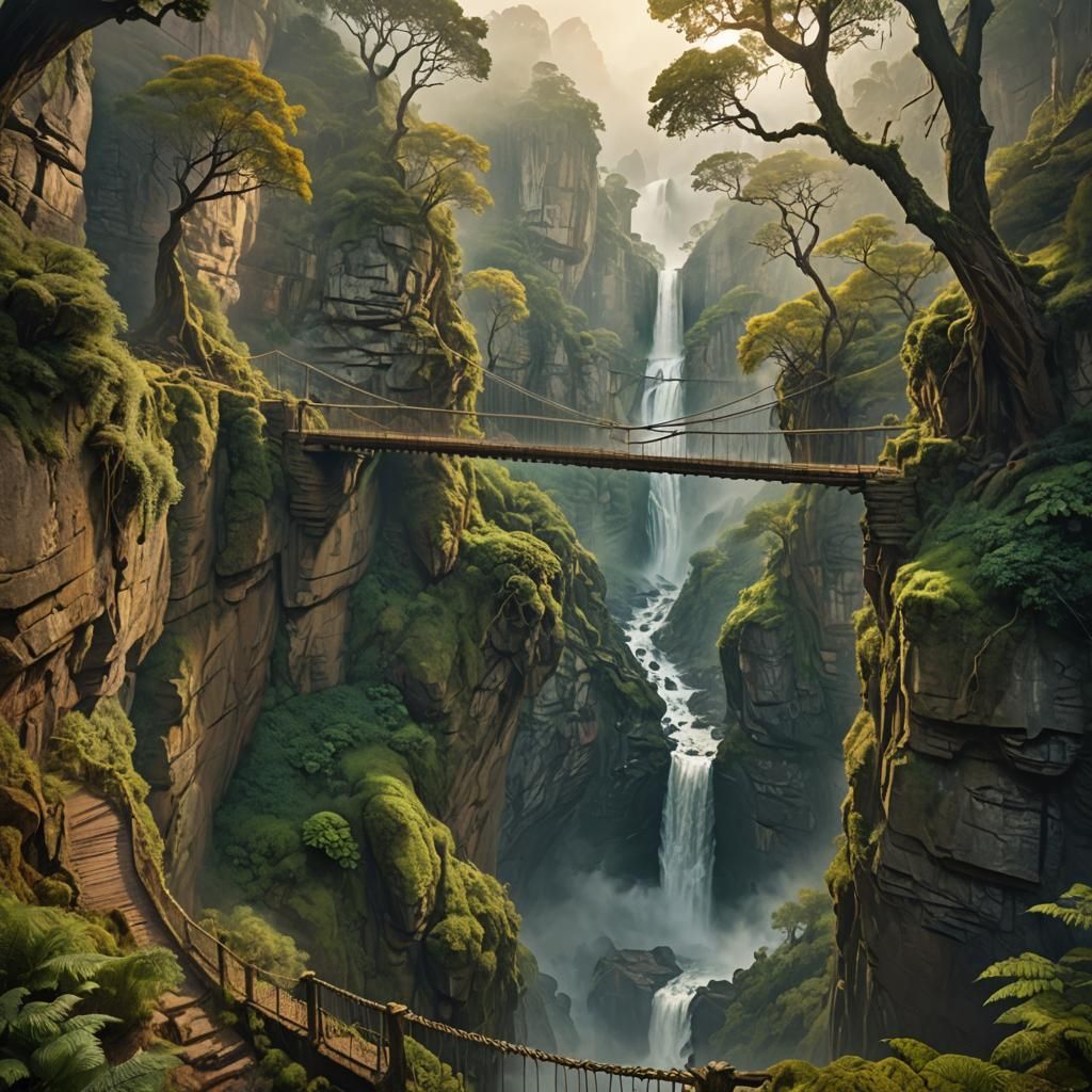 Misty Canyon Suspension Bridge in Dramatic Lighting
