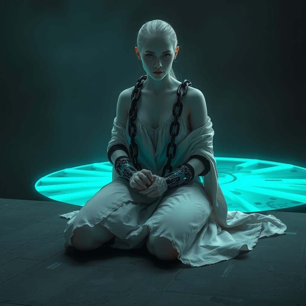 Bound Figure in Eerie Turquoise Glow