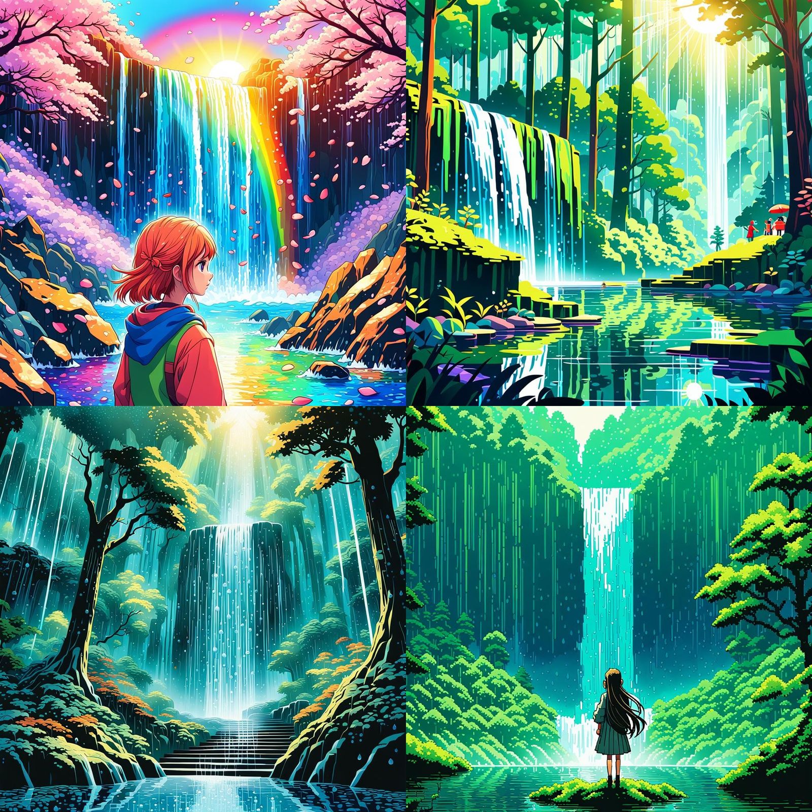 Pixel Waterfall in Anime Style