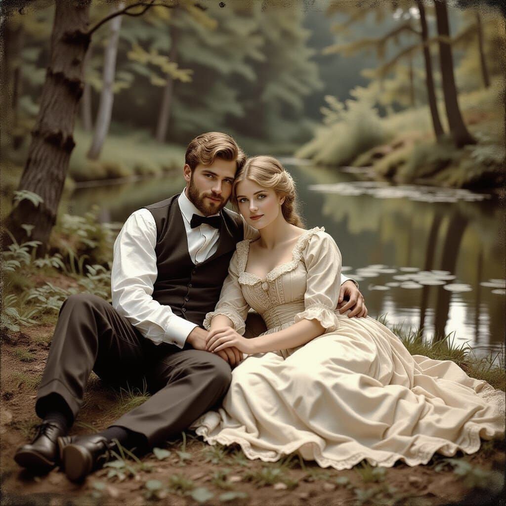 Romantic Couple in Forest, Vintage Pre-Raphaelite Photo