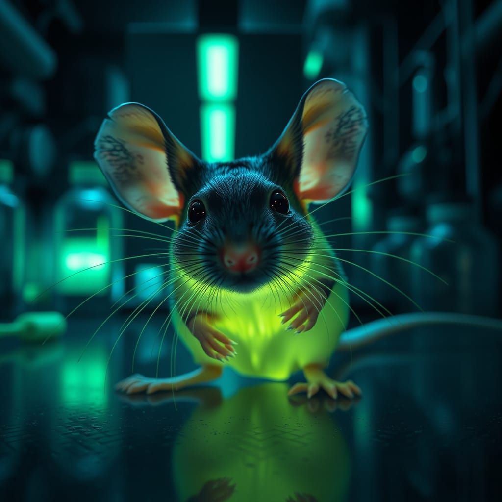 Glowing Transgenic Mouse in Dark Laboratory