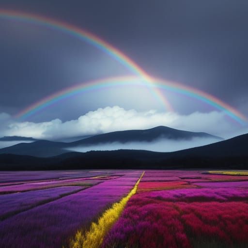 Dreamy Landscape with Rainbows and Gentle Rain in Digital Ar...