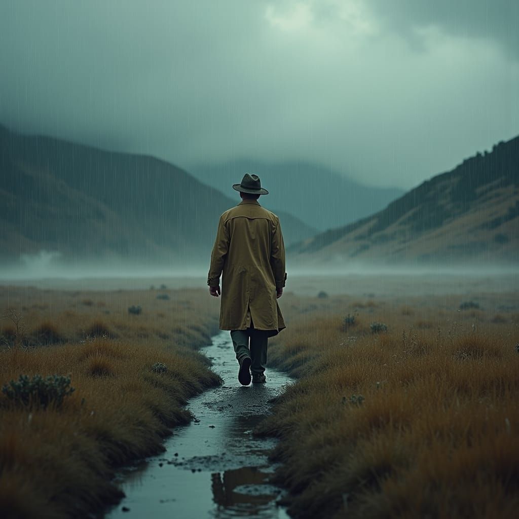 Solitary Man Walks Through Rainy Meadow