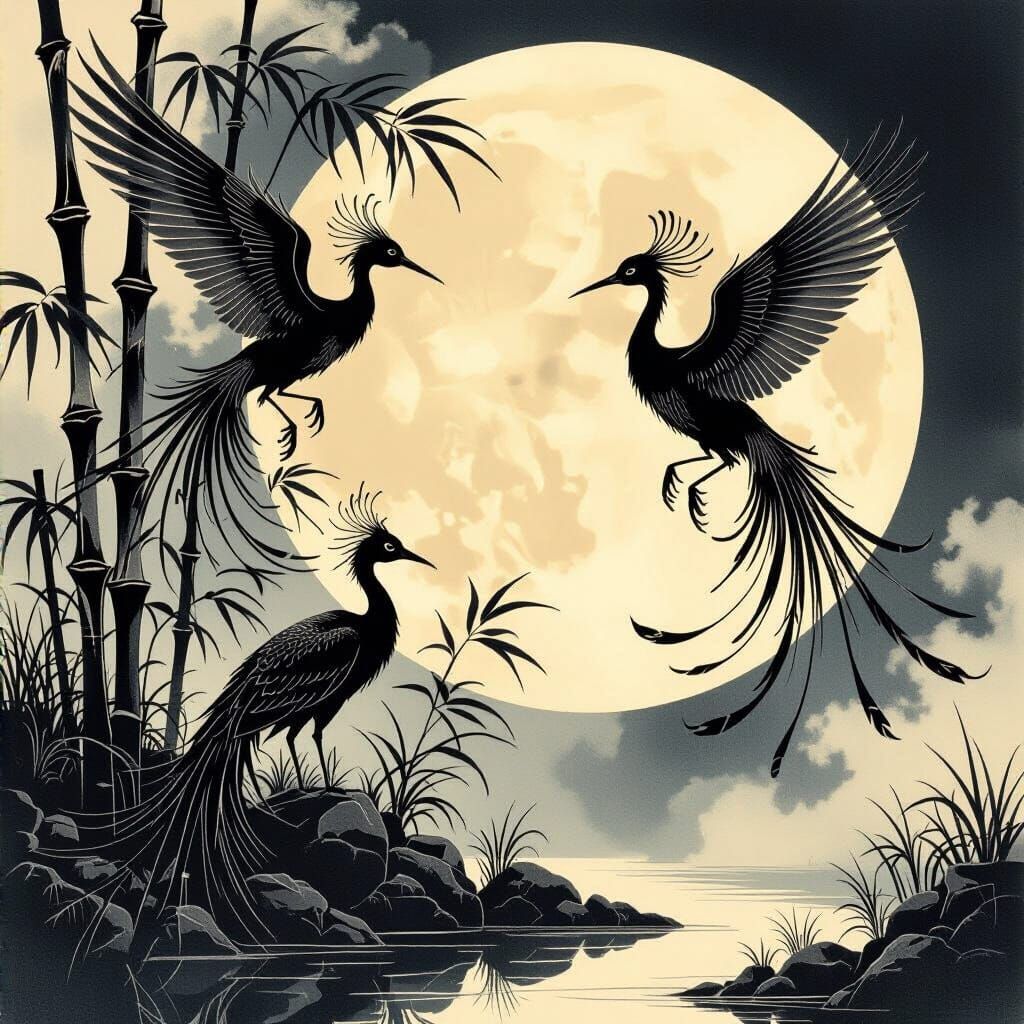 Japanese Ink Dragon-Birds Silhouetted Against Moon