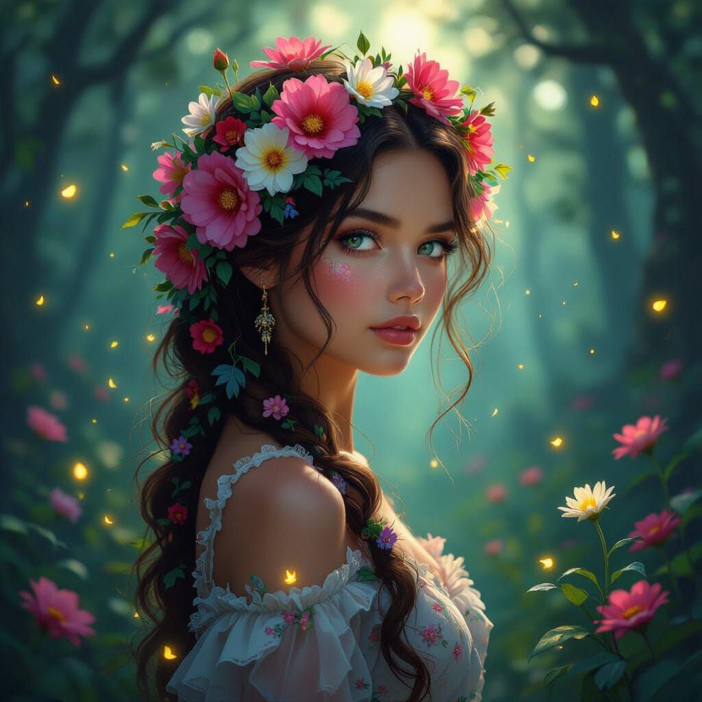 Ethereal Flower Woman in Enchanted Forest