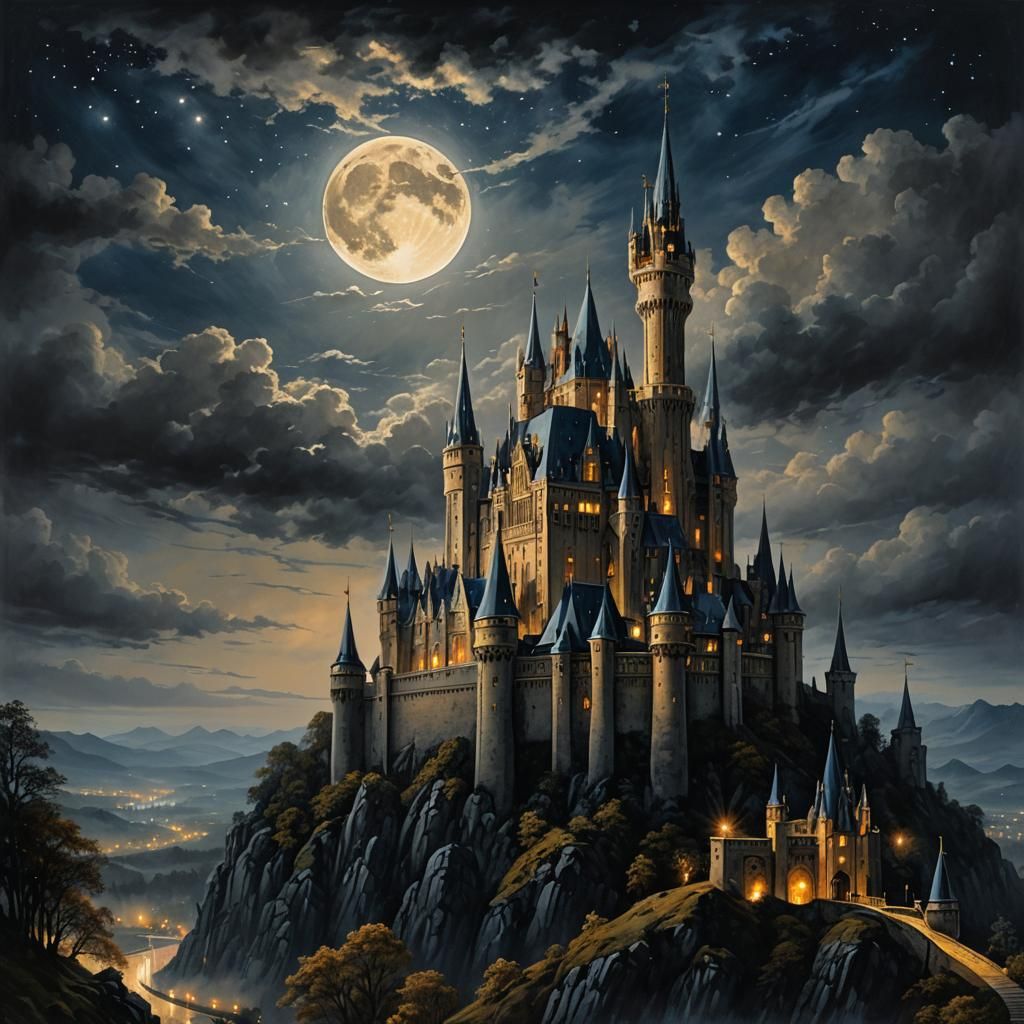 Dark Castle Under Starry Sky: Fantasy Landscape