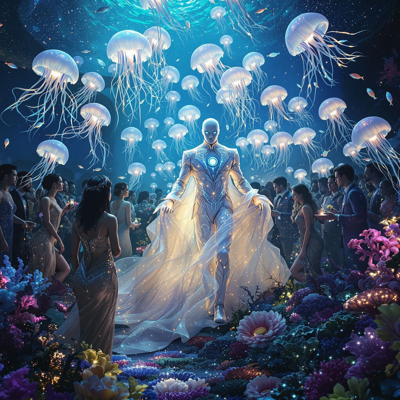 Surreal Underwater Masquerade Ball in Ethereal Aesthetic