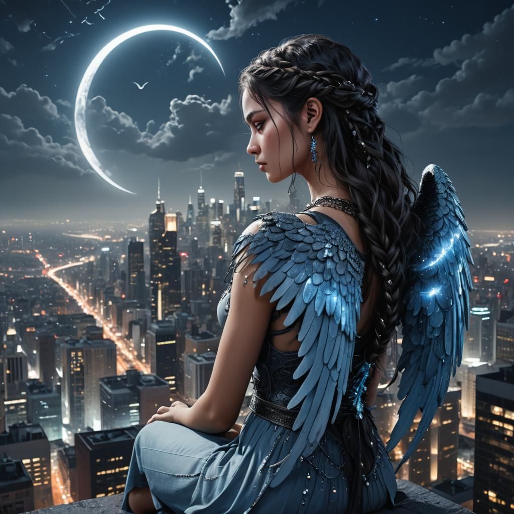 Dark Angel Gazing at Cityscape in Digital Matte Painting