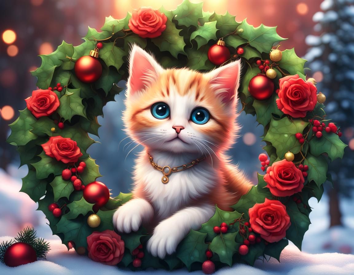 Kitten in Christmas Wreath, Vivid Color Fantasy