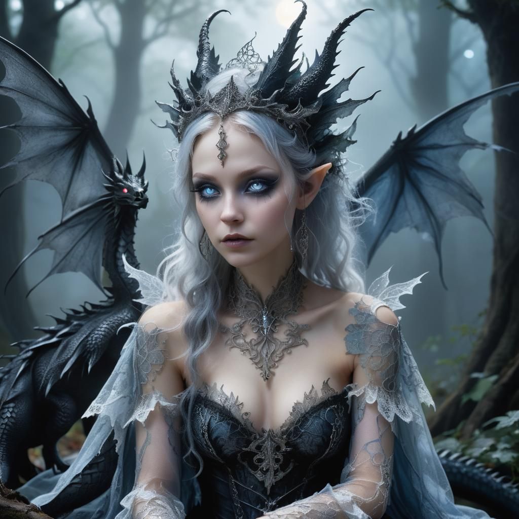 Gothic Fairy with Dragon in Mystical Forest
