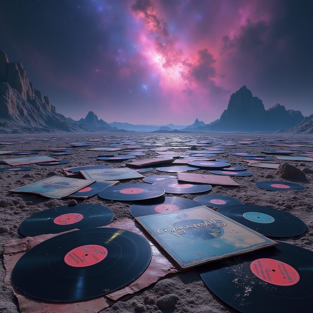 Futuristic Vinyl Record Collection on a Distant Planet