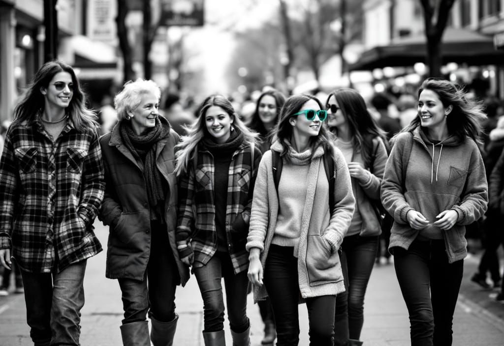 Women Walking to Market in Black and White