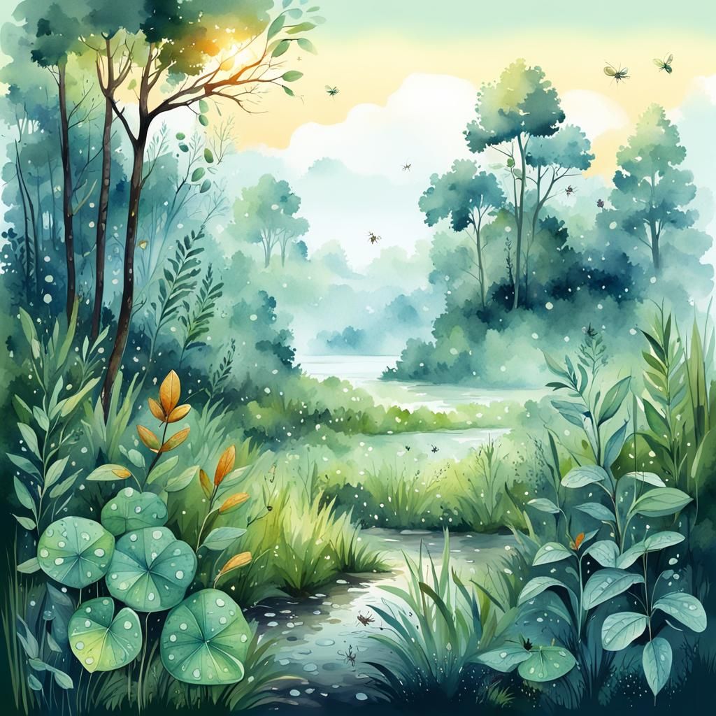Dew-Kissed Forest Landscape: Watercolor Illustration