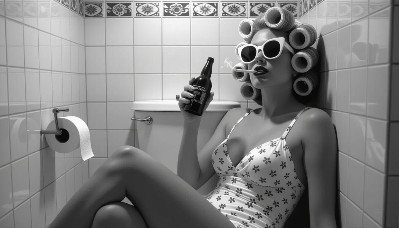 Gritty documentary-style photo of a woman in curlers and sunglasses, lounging on a toilet while smoking a cigarette and ...