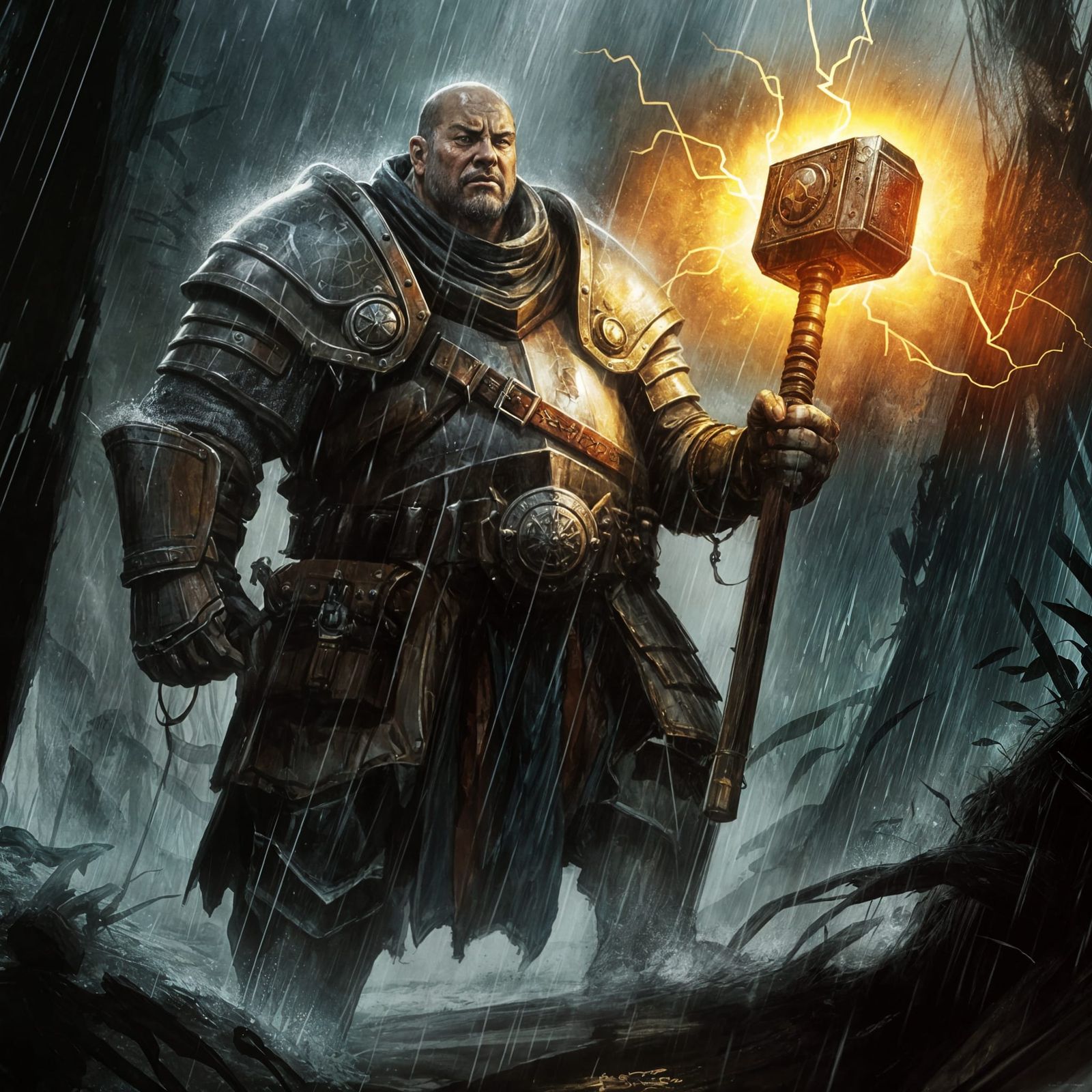 Dark Fantasy Cleric in the Rainy Forest