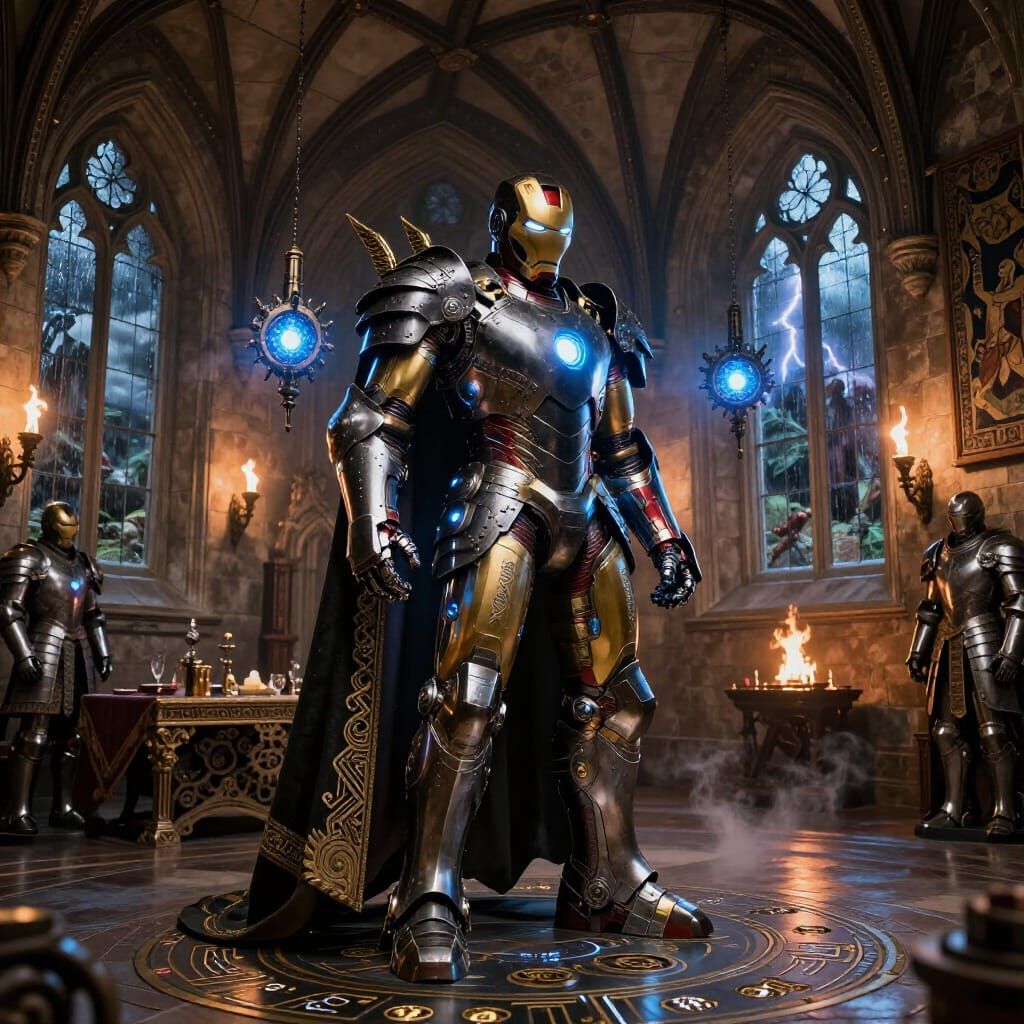 Medieval Castle Hall with Iron Man Tech