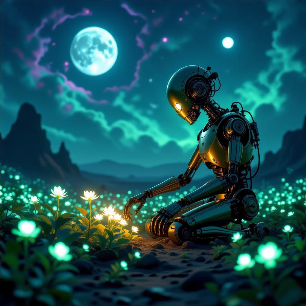 Automaton's Bioluminescent Garden on Alien Planet