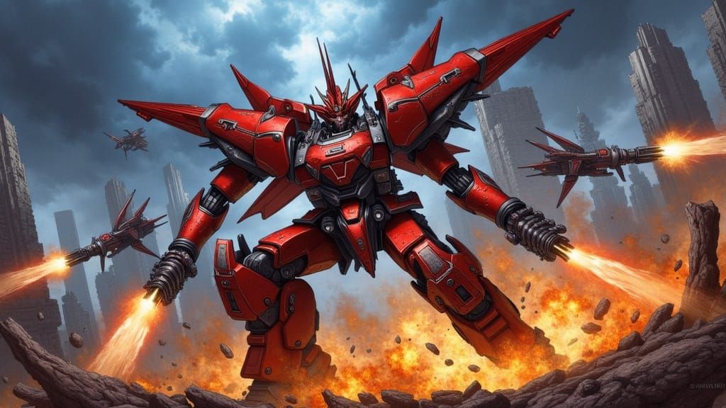 Cyberpunk Battle Scene with Mechwarrior in Fiery Explosion