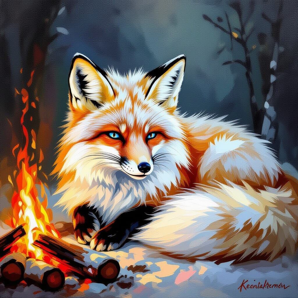 Gentle White Fox Rests By Campfire, Impasto Oil Painting