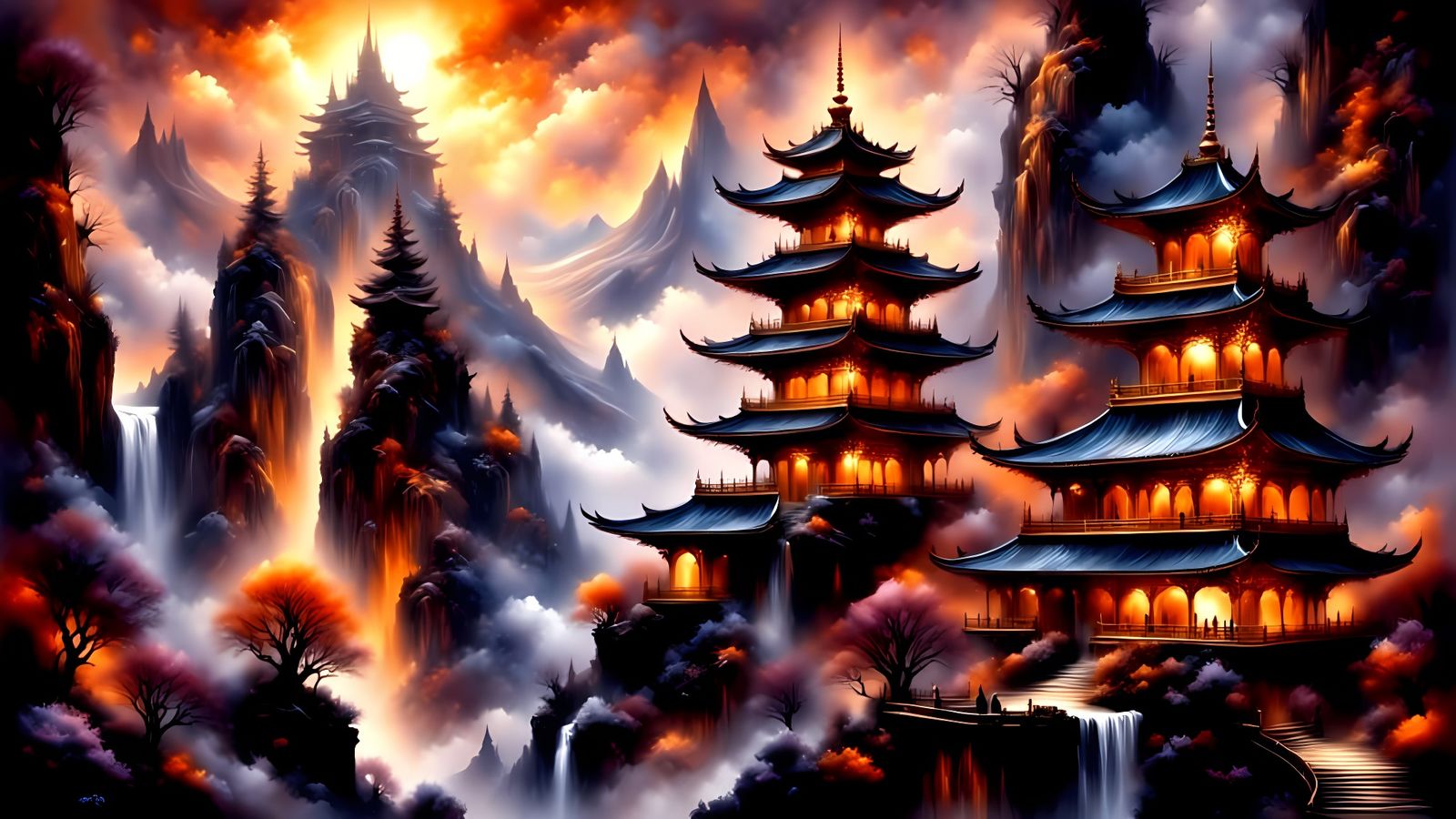 Whimsical Celestial Pagoda Under Nebula Sky