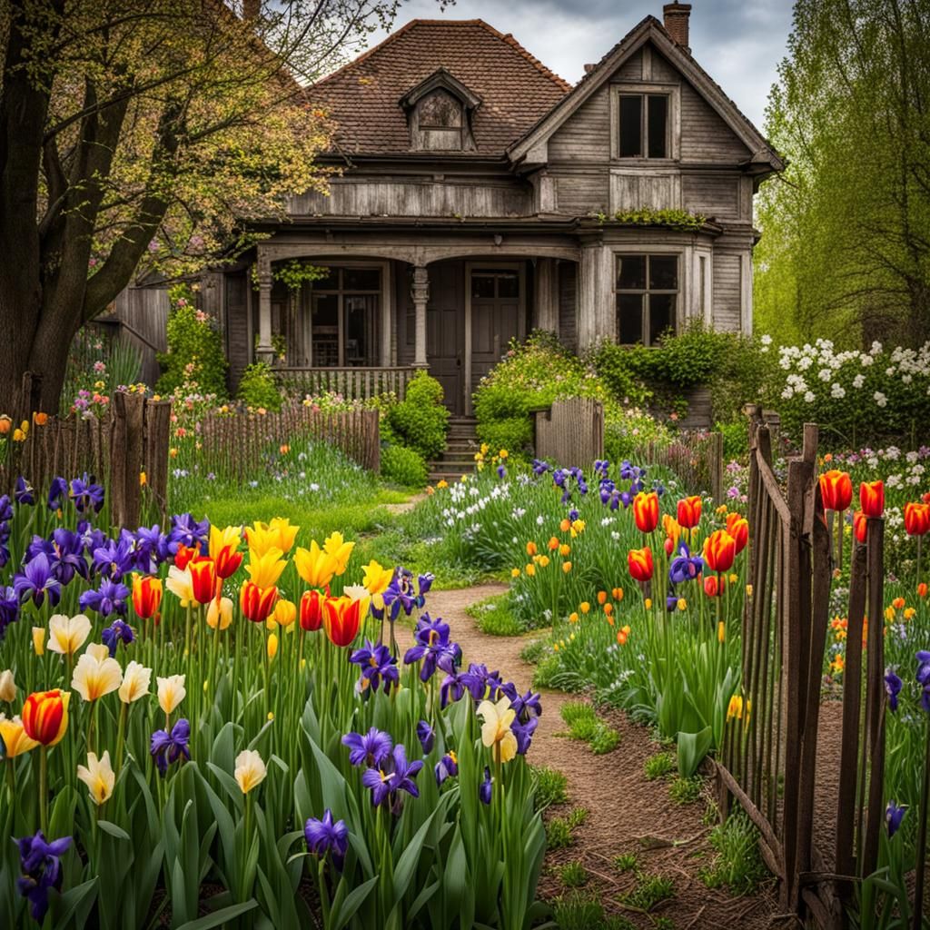 Dilapidated House with Iris and Tulip Flowerbeds