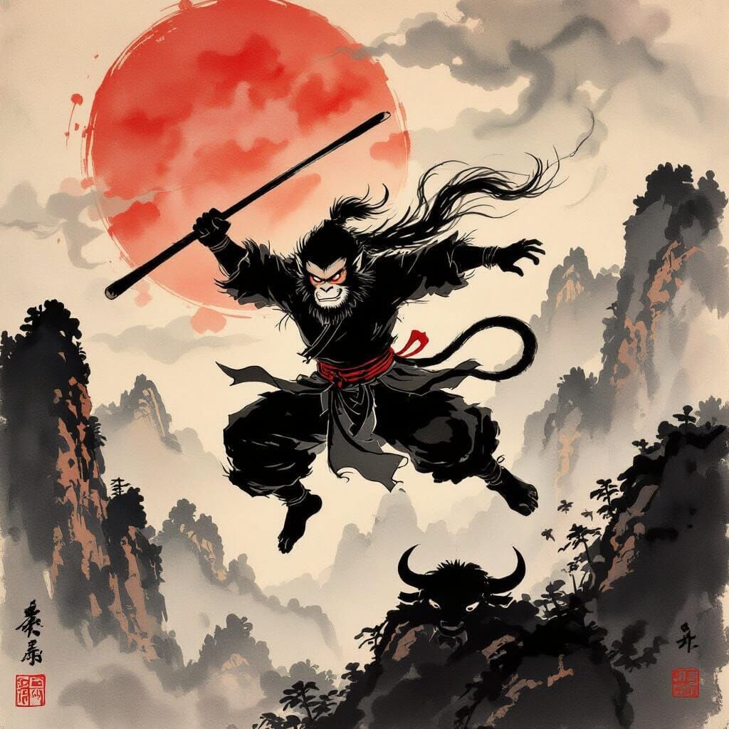 Sun Wukong vs Bull Devil King in Ink-Wash Style