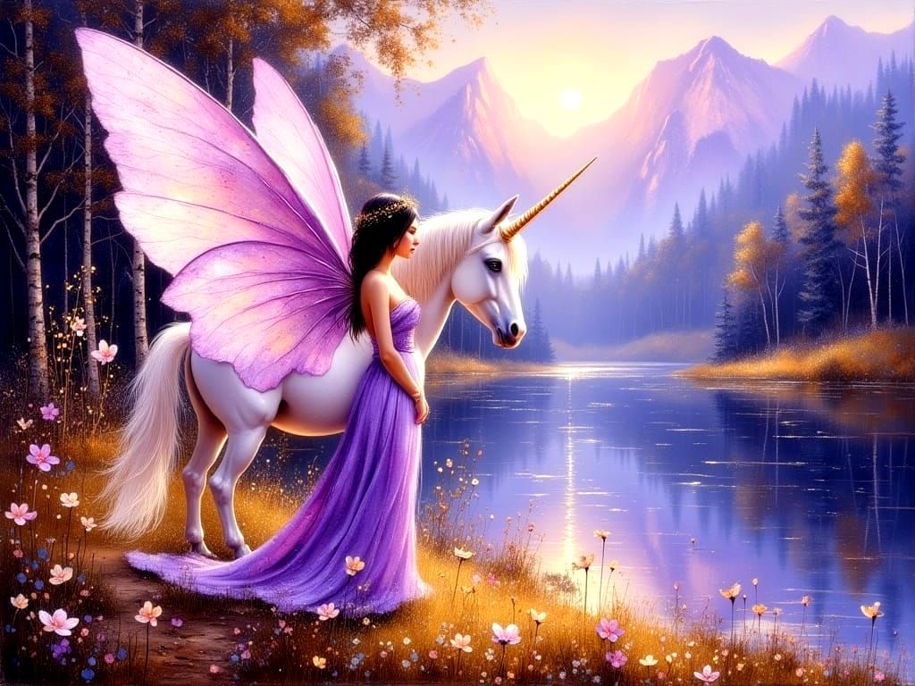 Fairy with Unicorn in Magical Landscape