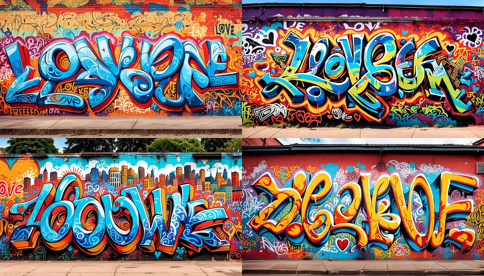 Meticulously detailed inner city wall covered in Word Art Graffiti. Brilliant Colors. The words "Love and Freedom" paint...
