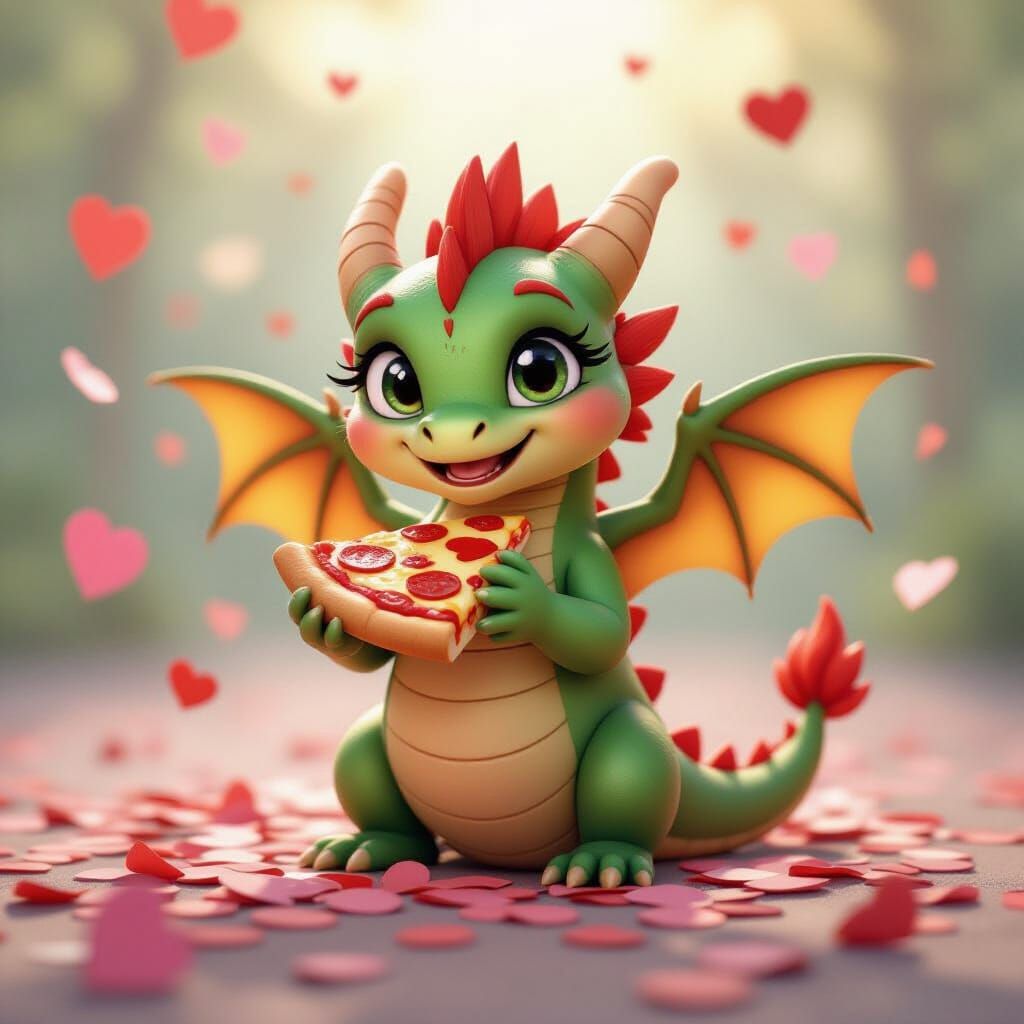 Cute Dragon Holding Pizza Slice with Heart Topping