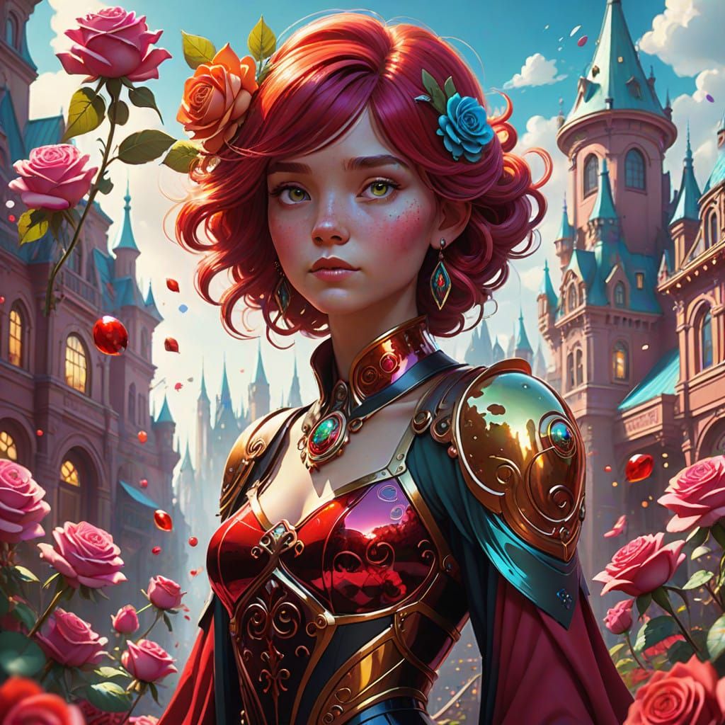 Dreamlike Cityscape with Scarlet-haired Woman amidst Whimsic...