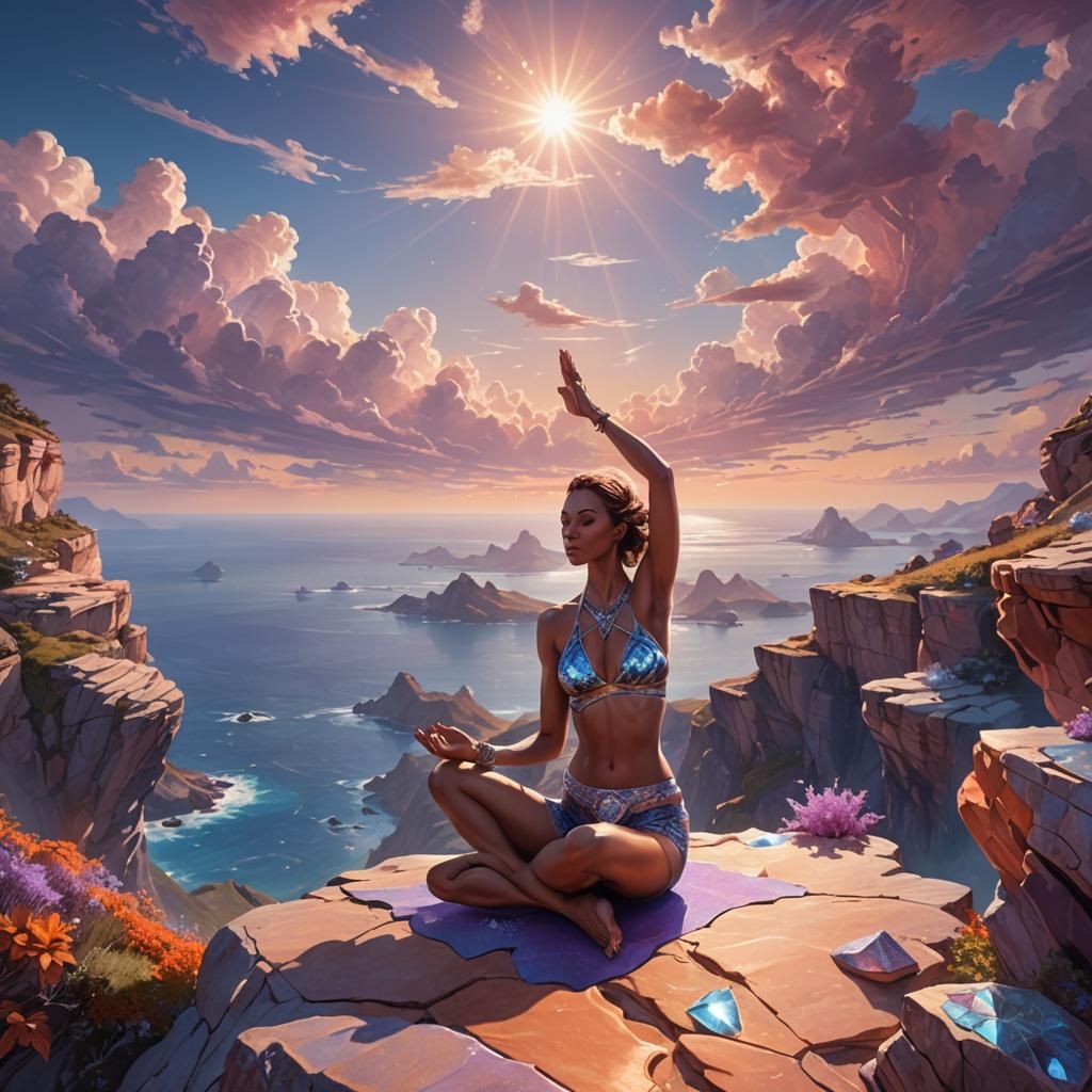 Diamond Bikini Yoga on Cliff: Fantasy Concept Art