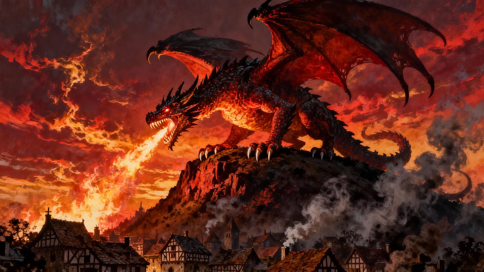 Colossal Fiery Dragon Over Old Town