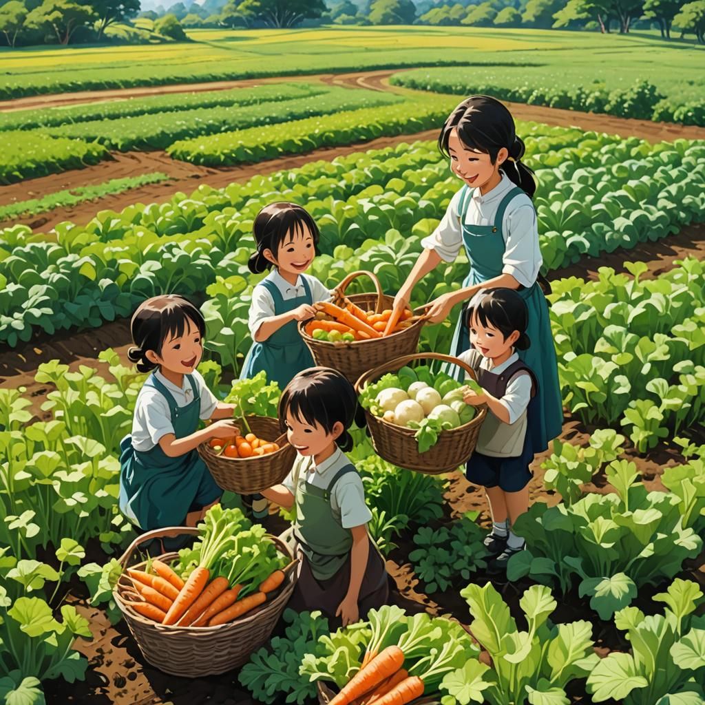 Children Harvesting Vegetables in Anime Style