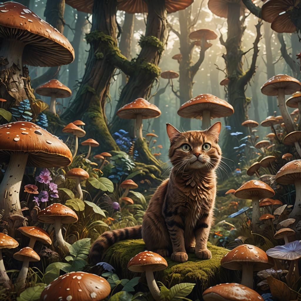Brown Cat in Mushroom Forest: Fantasy Art
