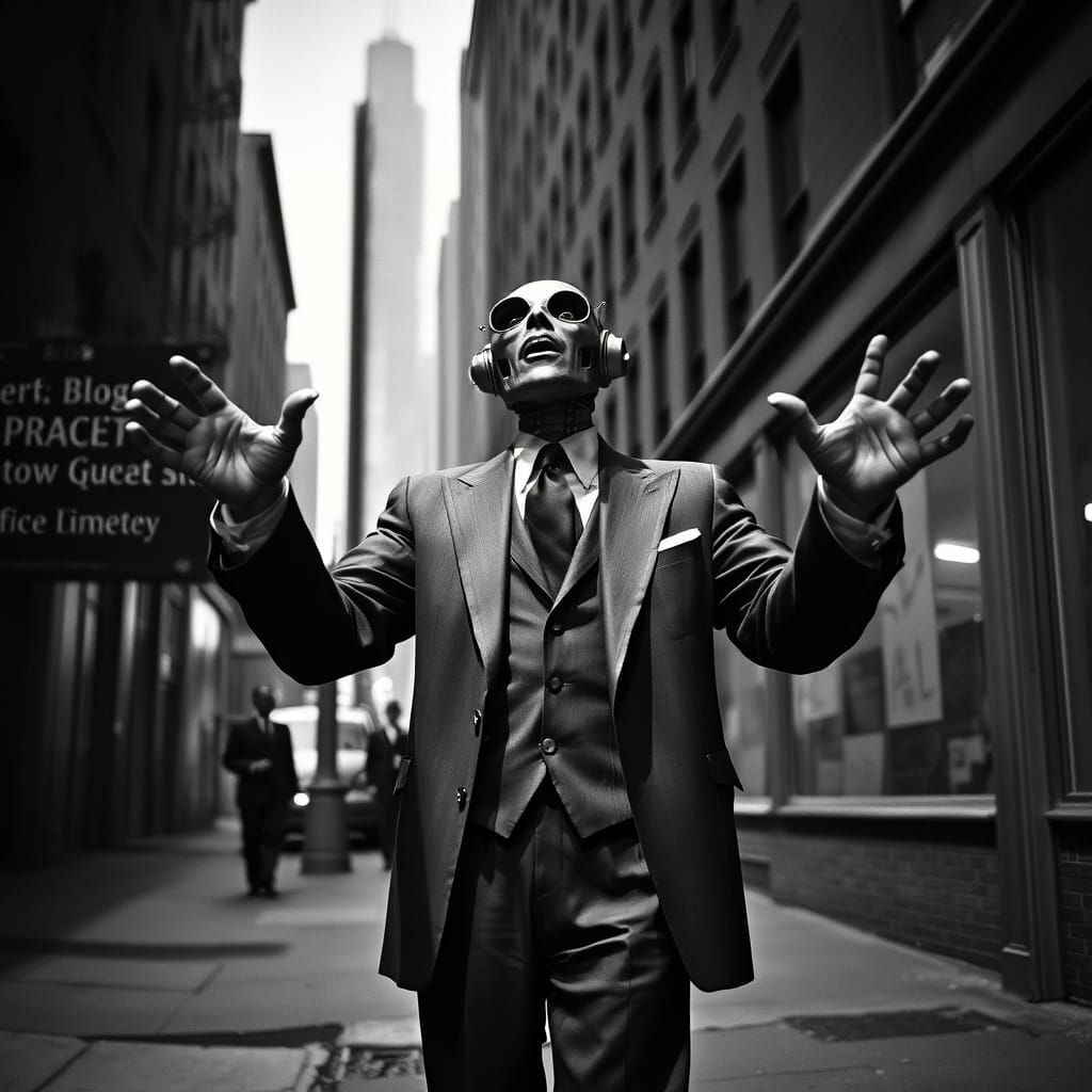 A bombastic android preaching on a street corner, 1930s all ...