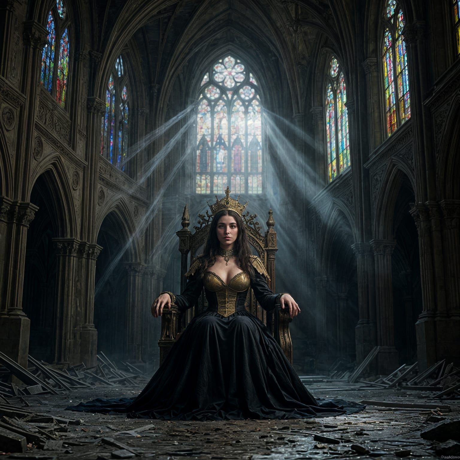 Spectral Queen on Phantom Throne in Dark Gothic Cathedral