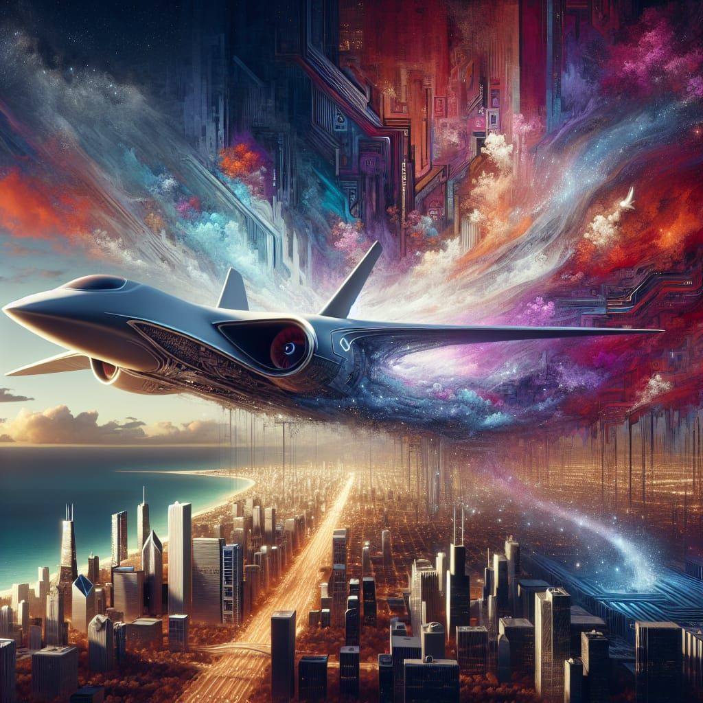 Futuristic Jet Over Chicago: Detailed Matte Painting