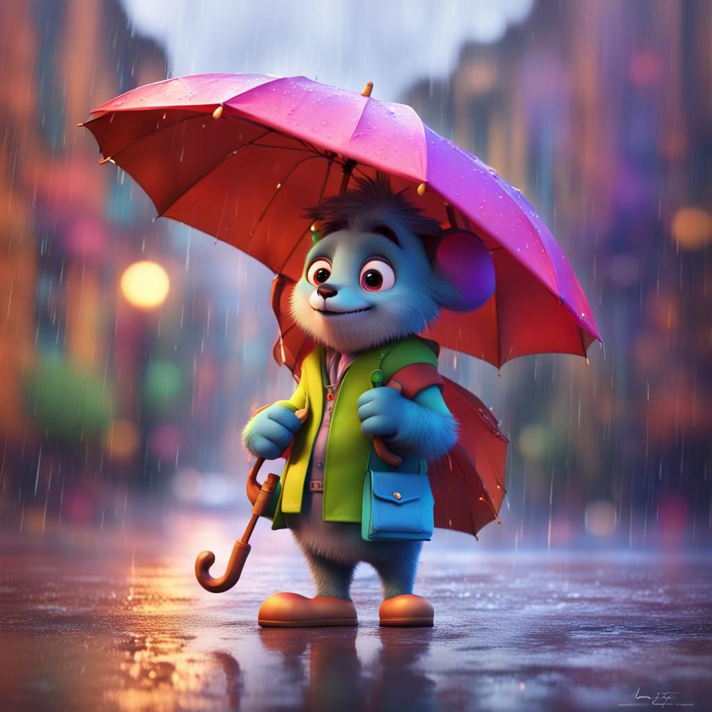 Pixar-Style Boy with Umbrella on Rainy Day