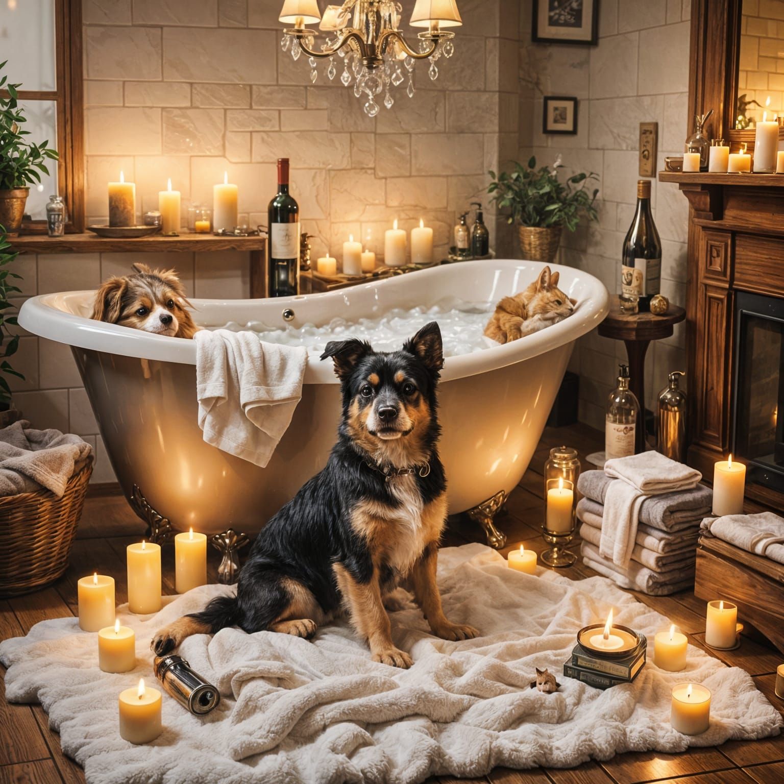 Cozy Candlelit Bath with Pets