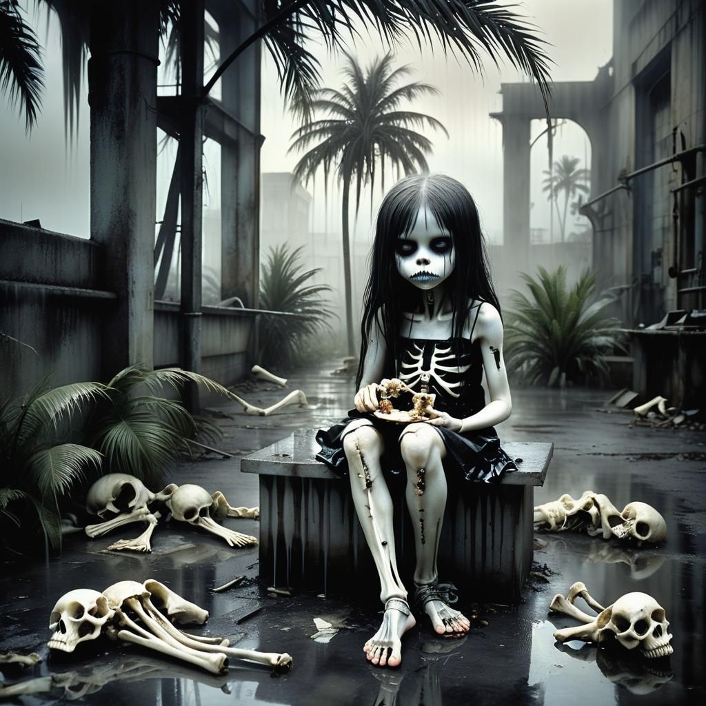 Haunting Photograph of Girl Eating Bones in Rain