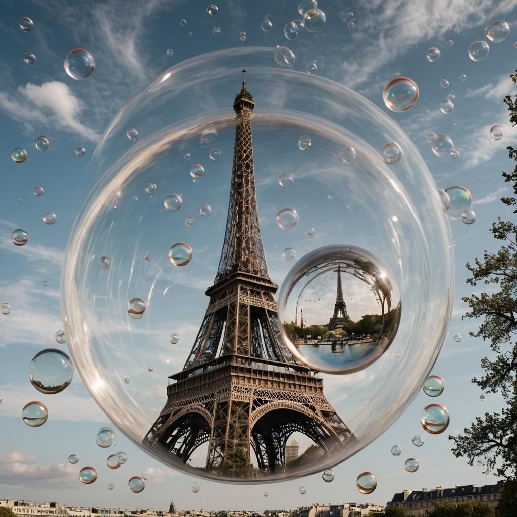 Eiffel Tower Floating in a Bubble Over Paris