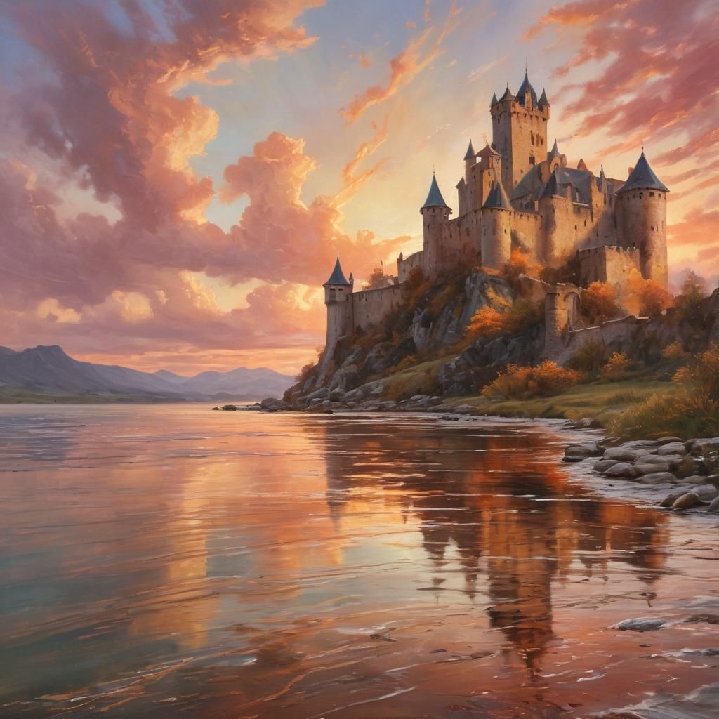 Medieval Castle Sunset: Vibrant Oil Painting