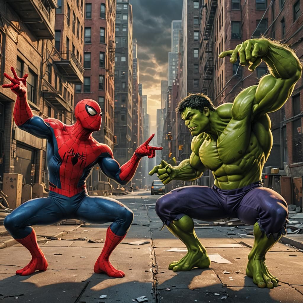 Spiderman and Hulk in Dark Urban Landscape