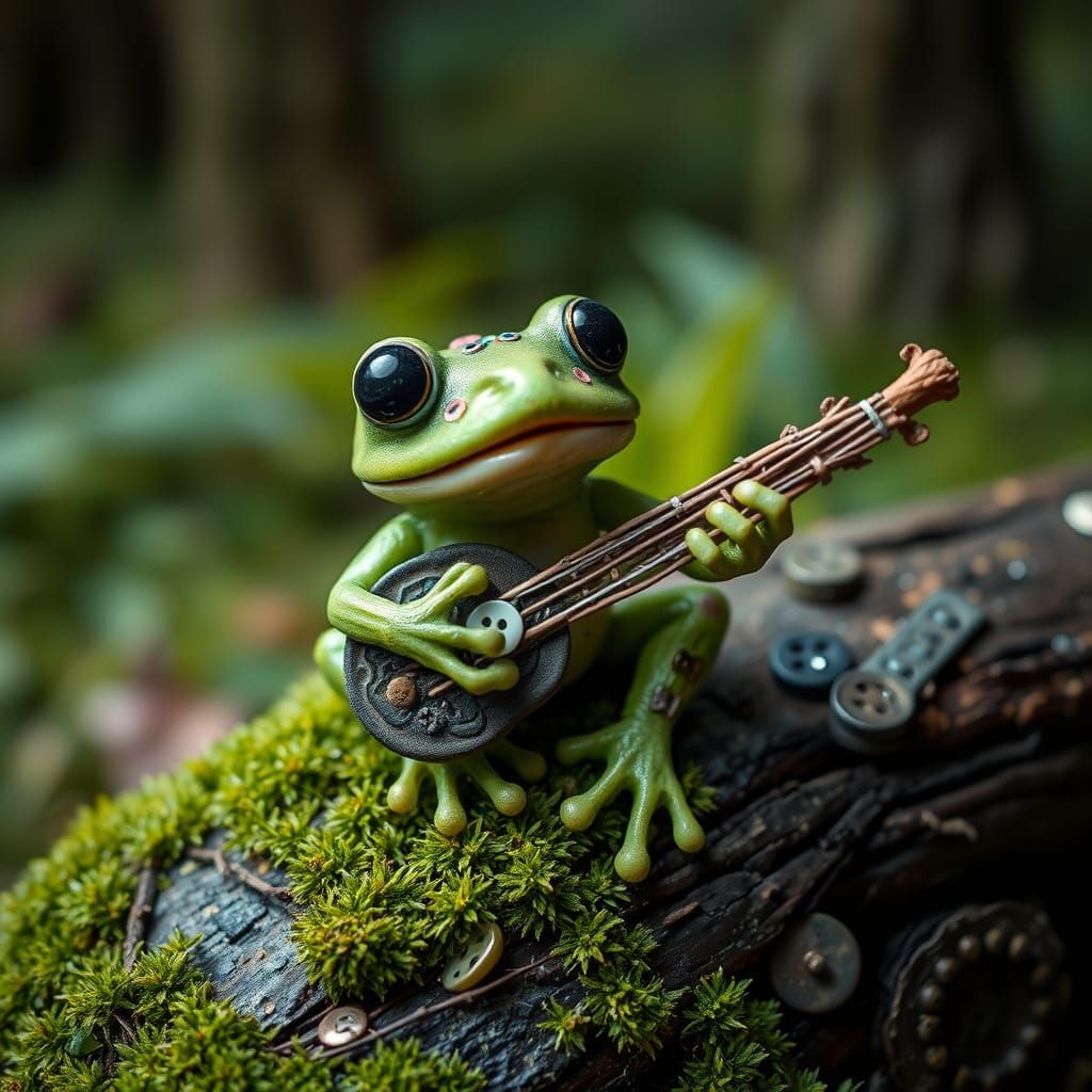 Creepy-Cute Frog with Buttons in Mystical Forest
