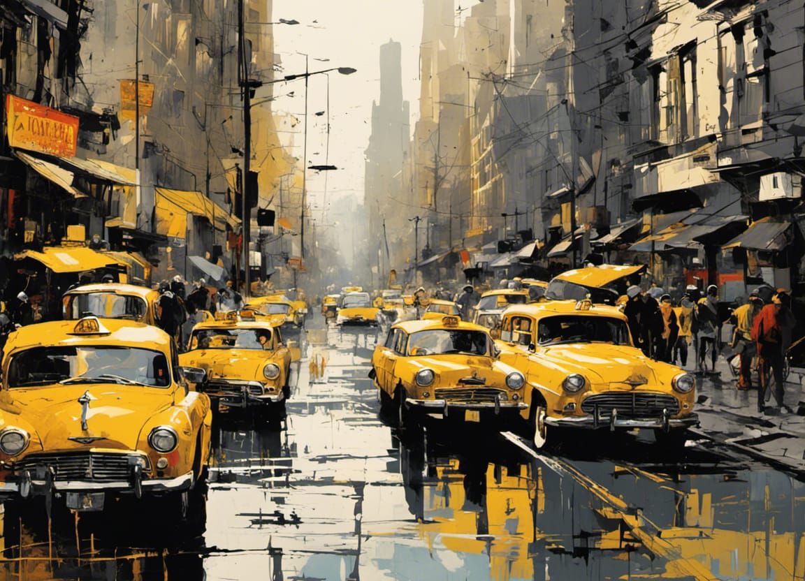 Yellow Taxis in Urban Scribble Art Style