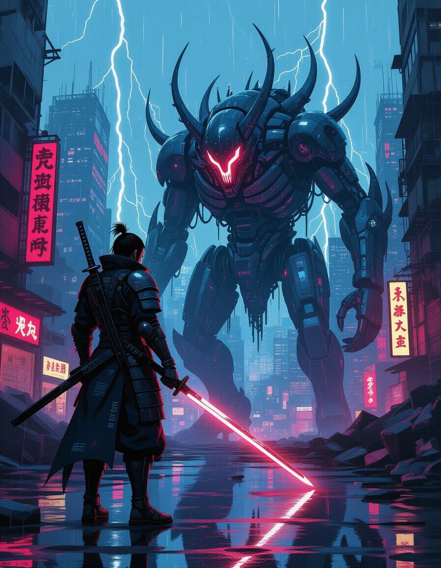 Cyberpunk Samurai Confronts Biomechanical Horror in Neon Rui...