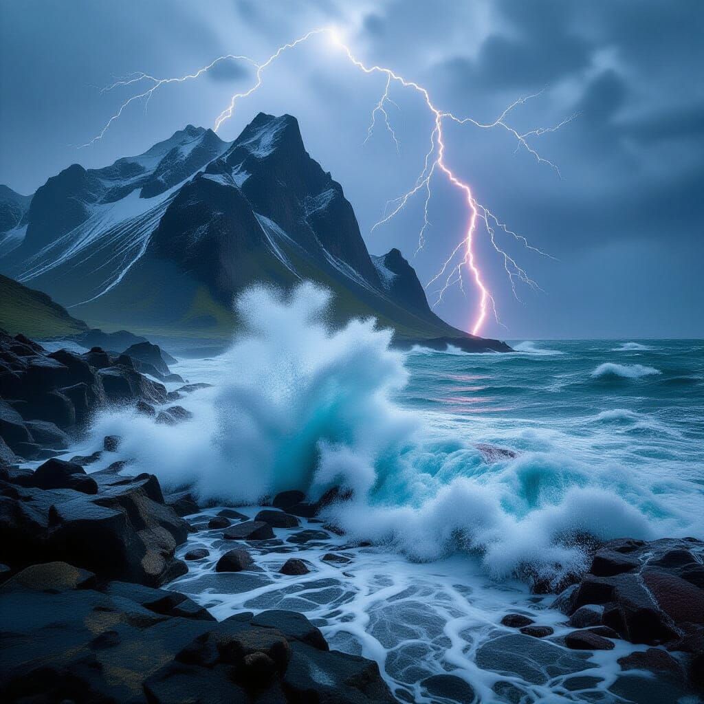 Hyperrealistic Waves Crash on Rocky Mountain in Storm
