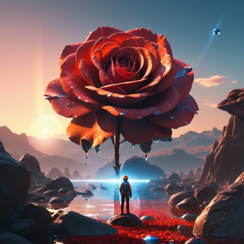 Extraterrestrial Explorer and Giant Rose: Sci-Fi Digital Art
