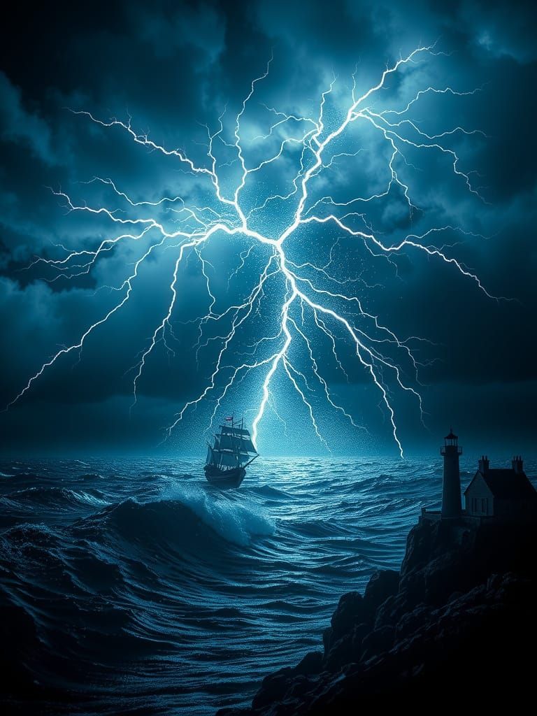 Mystical Stormy Seascape in Neon Silver